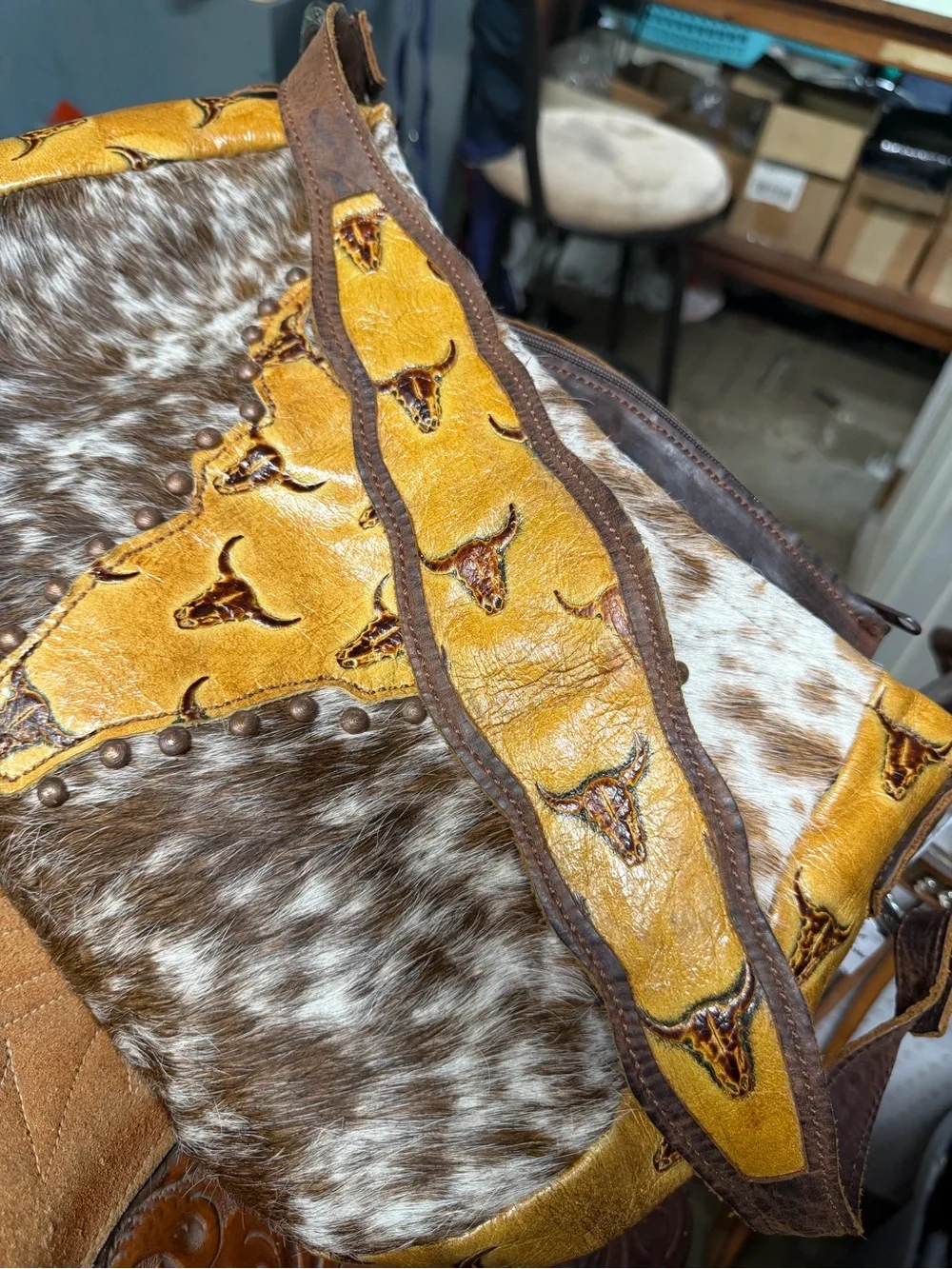 Western Hair On Hide Shoulder Bag with Bull Skull Accent - Tan/Brown